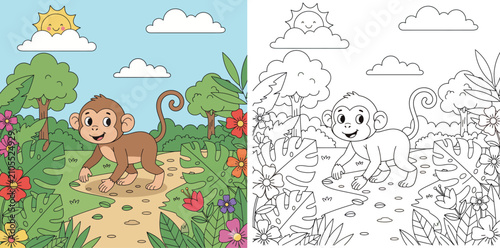 Photography Cute cartoon vector illustration of a happy baby monkey walking on a dirt path t