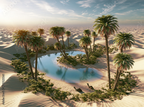 Desert Oasis Sanctuary: A serene oasis shimmering in the vast desert, surrounded by lush palm trees and vibrant greenery, a testament to life's resilience in arid landscapes.