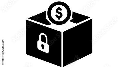 A black and white icon depicting a secure donation box with a dollar sign, symbolizing savings, investment, and financial security for future growth.