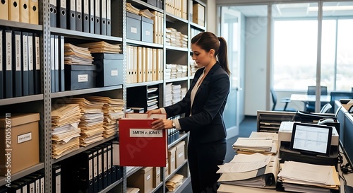 Focused Businesswoman Organizing Red File Folder in Modern Office Archive Room
