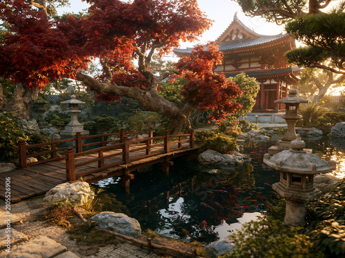 Serene Japanese Garden at Dusk: A picturesque Japanese garden with a wooden bridge, tranquil pond, stone lanterns, and vibrant maple trees, bathed in the soft, warm light of sunset.