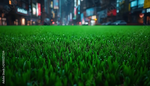 A lush green grass field in close‑up with individual blades visible in foreground, contrasted against vibrant urban cityscape with tall illuminated buildings and colorful lights at night