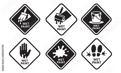 Bild auf Leinwand Wet Paint Warning Signs Set with Brush Roller Hand and Footprints