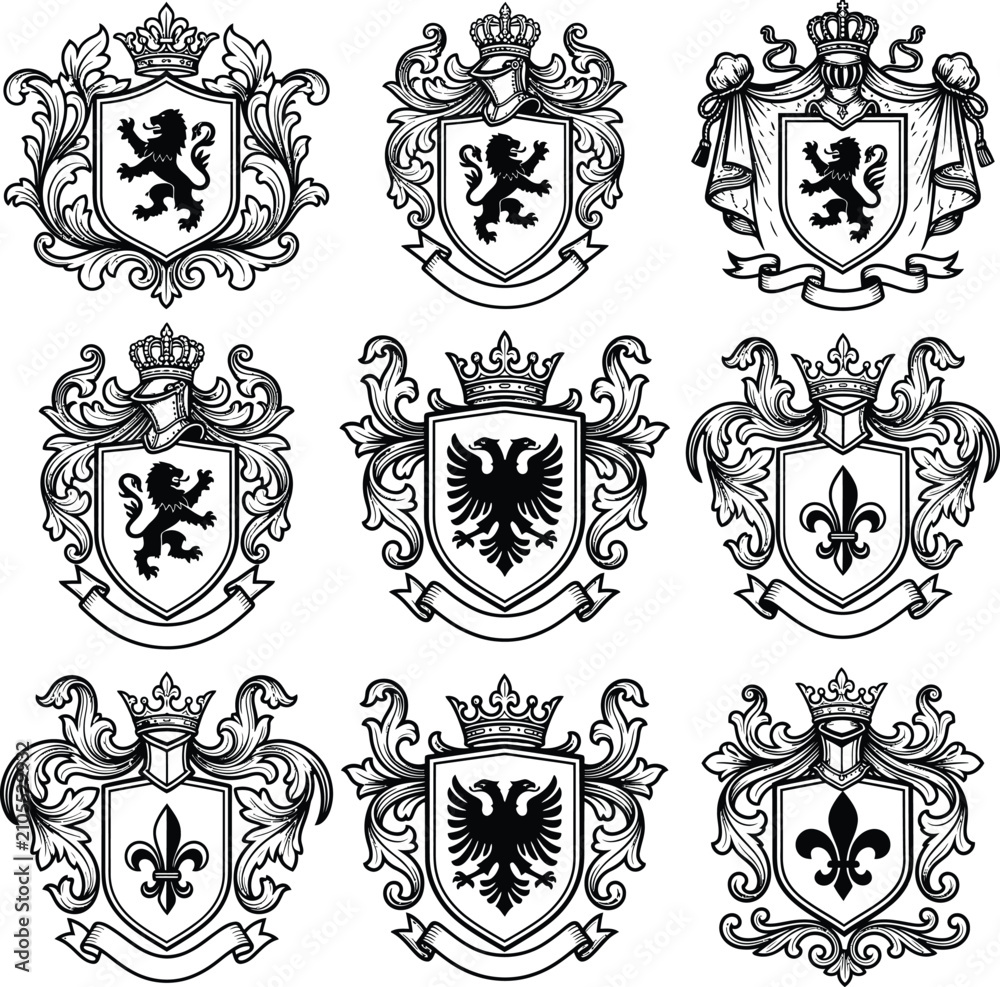 Obraz premium Coat of arms vector set, vintage heraldic shield crests with crowns, knight helmets, black double headed eagle, lion silhouettes logos