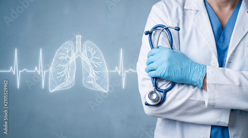 Doctor holding stethoscope with lung icon. Medical professional analyzing respiratory health.