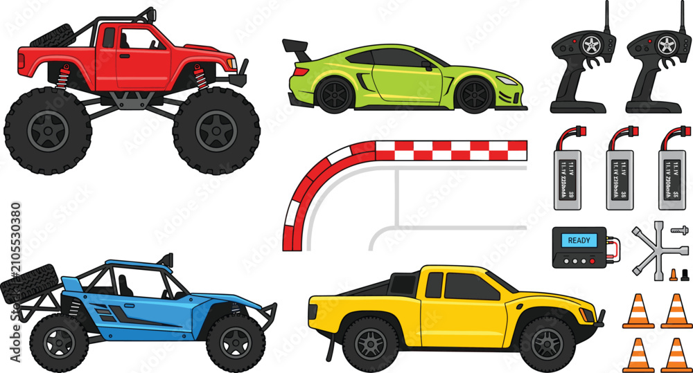 Naklejka premium Remote Control RC Toy Car Vector Illustration Set Featuring Monster Truck Race Car Buggy Controllers Batteries and Track Elements