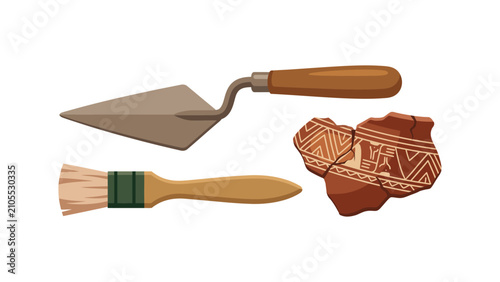 Archaeological excavation tools and pottery fragments with archaeology, research