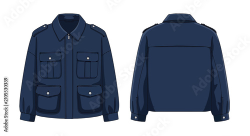 Dark Navy Blue Men Utility Military Jacket Technical Drawing with Multi Pockets Front and Back View Template