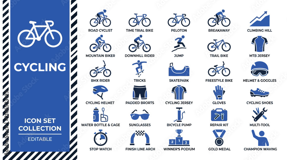 Obraz premium Comprehensive cycling and bicycle sports icon set collection