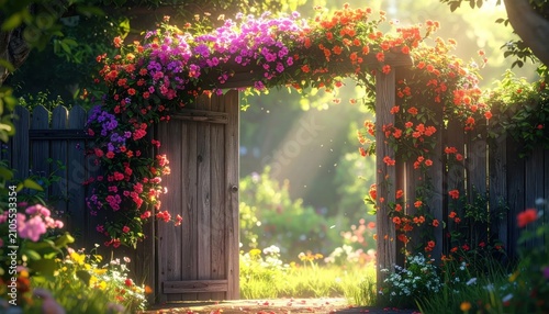 Enchanting Garden Gate Archway Overflowing with Vibrant Pink, Purple, and Orange Flowers in Soft Sunlight
