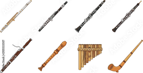 Canvas Print Vector silhouette icons of woodwind instruments including flute, clarinet, oboe,