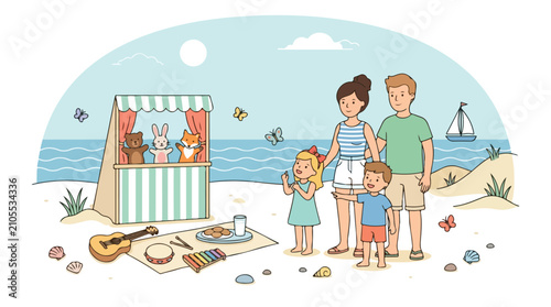 Photography A happy family enjoys a sunny day at the beach, watching a colorful puppet show and having a picnic with musical instruments and snacks