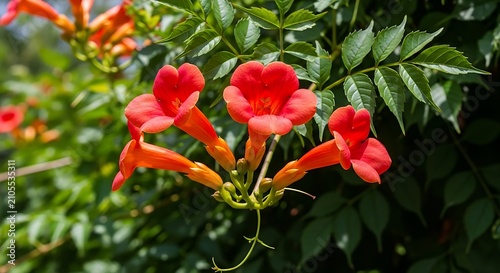 Vibrant Red Trumpet Vine Flowers Blooming Among Green Garden Foliage