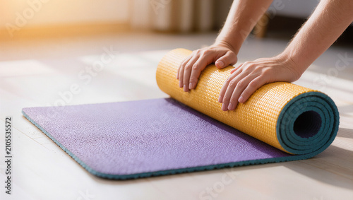 Hands rolling up a purple and yellow yoga mat on wooden floor, fitness and wellness routine concept for exercise and healthy lifestyle design