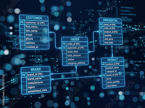 Database schema diagram on digital screen. Relational data structure for software development.