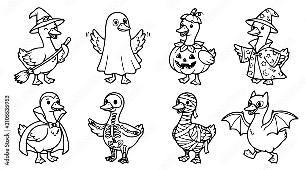 Obraz premium Spooky Halloween Ducks Vector Character Set with Witch, Ghost, Vampire, Pumpkin, and Mummy Costumes Line Art for Kids Autumn Holiday Coloring Pages