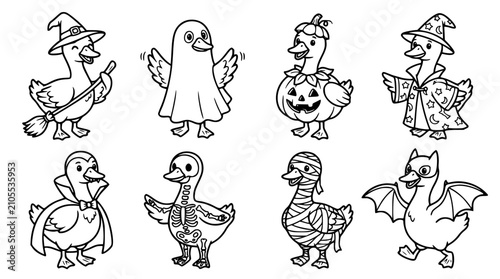 Konstfotografi Spooky Halloween Ducks Vector Character Set with Witch, Ghost, Vampire, Pumpkin,