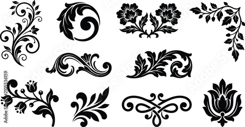 Cuadro en lienzo Collection of vintage black floral ornaments, scrollwork silhouettes, and elegan