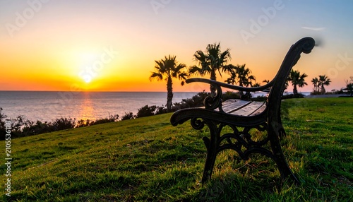 Empty Ornate Park Bench Overlooking Ocean Sunset on Grassy Coastal Hill