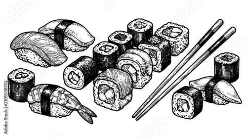 Detailed Hand Drawn Vintage Ink Sketch of Japanese Sushi Set Featuring Maki Rolls Nigiri Salmon Prawn Chopsticks for Restaurant Menu Vector Illustration