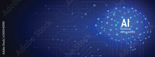 Futuristic Digital Brain with AI Concept on Blue Background Featuring Circuit Patterns and Neural Network Connections
