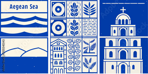 vintage block print style posters featuring greek architecture and nature blue white waves church building landscape leaves pattern design illustration graphic art travel