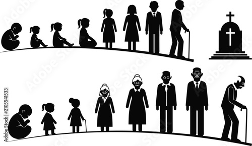 Bild auf Leinwand Human life cycle evolution silhouette collection, featuring stages from infancy to old age, including childhood, adulthood, senior years, and memorial gravestone icon