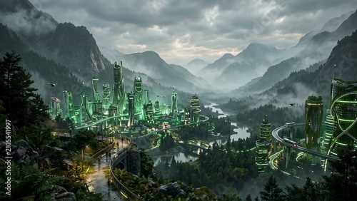 Futuristic Sustainable Green City in Mountain Valley with Neon Lights and Foggy Landscape