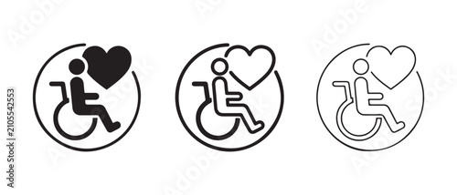 wheelchair accessibility icons with heart symbols representing care and support for disabled individuals