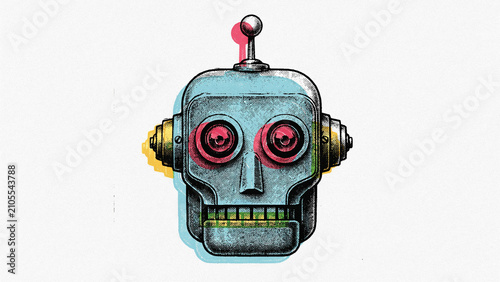 Retro Robot Head Illustration, Vintage Sci-Fi Character, Futuristic Android Face, Stylized Mechanical Portrait, Digital Art for Technology Concepts