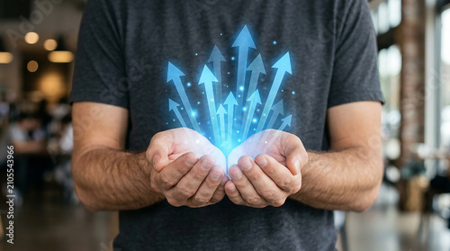 Growth in Your Hands: A person holds out their hands, from which streams of glowing blue arrows erupt upwards, symbolizing growth and progress.