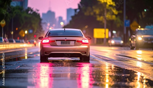 Sleek car's taillights glow on wet city street at dusk