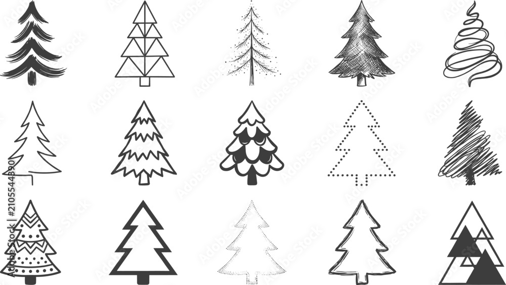 Obraz premium Set of fifteen creative hand drawn Christmas tree icons on a white background design element