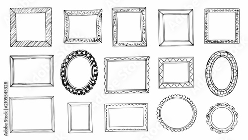 A collection of hand drawn picture frames in a sketch style arranged on a white background hand drawn