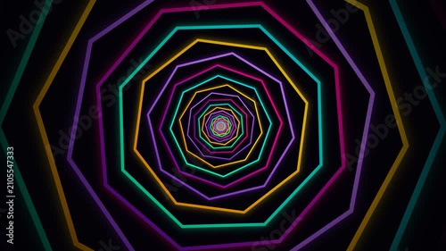 Vibrant glowing concentric octagonal lines create an abstract retro-futuristic tunnel effect with electric multicolor illumination receding into a dark digital space.