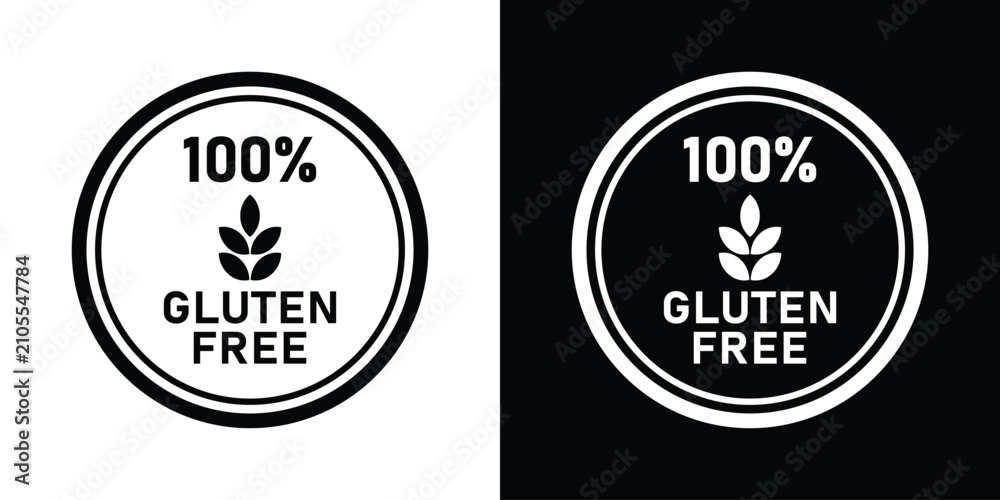 Obraz premium Round 100 percent gluten free certification seal vector graphic, ideal for celiac disease awareness signage, clean eating diet guarantee emblems, and organic grocer packaging.