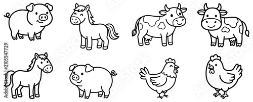 Farm animal collection cute line art icons for children's illustration