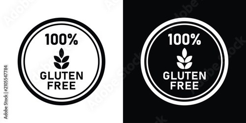 Fotografie Round 100 percent gluten free certification seal vector graphic, ideal for celiac disease awareness signage, clean eating diet guarantee emblems, and organic grocer packaging