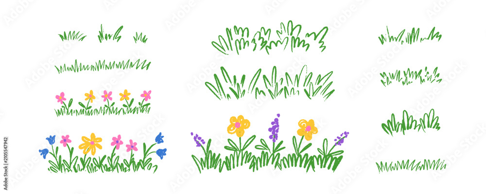 Obraz premium Set of crayon childish drawing of green grass with colorful funky flowers. Kid pencil cute line doodle meadow vector illustration. Paint brush, chalk, pastel grass borders, dividers, boarders sketch