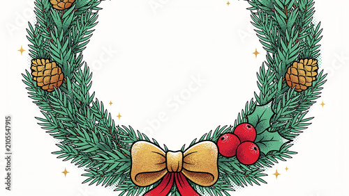 Festive Christmas Wreath Illustration, Green Pine Garland with Golden Bow and Pinecones, Winter Holiday Decoration