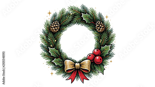Festive Christmas Wreath, Evergreen Garland Decoration with Pine Cones, Holly Berries, and Golden Bow, Winter Holiday Door Decor, Seasonal Celebration Element