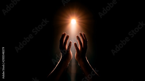 Hand prayer god faith holy worship on hope religion background of believe religious grace black white concept or love spiritual and spirit trust blessed light.