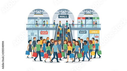 Crowded Shopping Mall with People and Escalators - Retail and Consumerism Concept