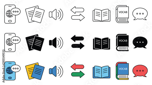 Tableau sur toile Language translation icon set with multilingual learning, dictionary, and commun