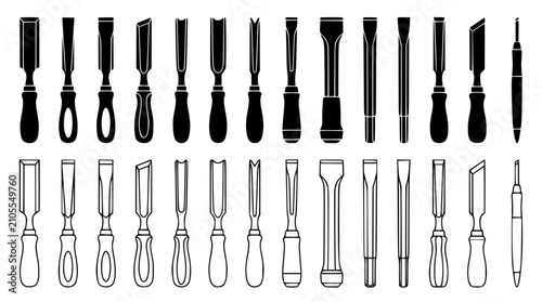 Photography Woodworking Chisel and Gouge Tool Icon Set with Carving Equipment Symbols in Sil
