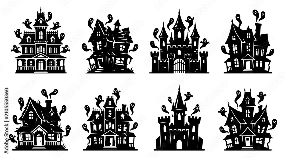 Obraz premium Haunted house silhouette icon set. Spooky mansion and castle vector graphics for Halloween.