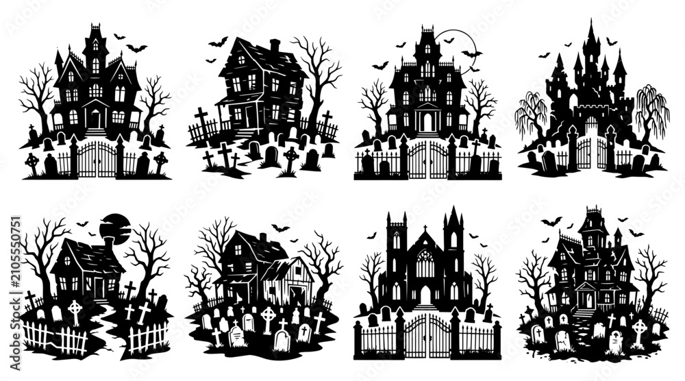 Fototapeta premium Halloween haunted house silhouettes. Spooky mansion and graveyard icons for holiday design.