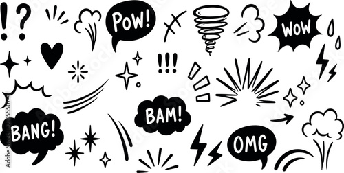 Bild auf Leinwand Large Collection of Hand-Drawn Comic Book Action Elements with Speech Bubbles, Sparkles, Lightning Bolts, and Onomatopoeia Text