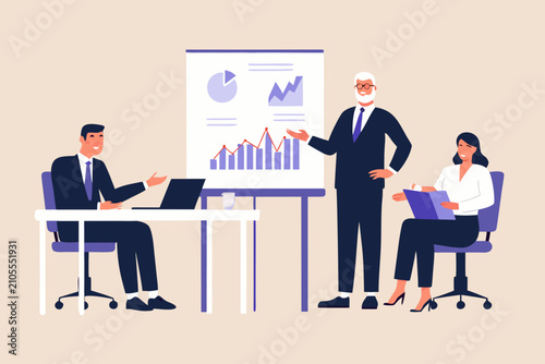 business team analyzing data in flat vector illustration analysis meeting room chart graph presentation professional workplace collaboration teamwork office discussion strategy visual graphic
