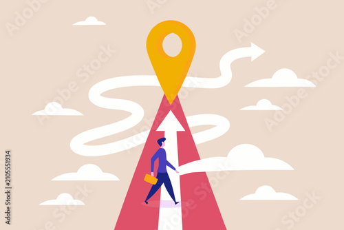 person walking on pink arrow path toward large location pin vector illustration scenic background clouds direction journey travel navigation wayfinding business professional goal